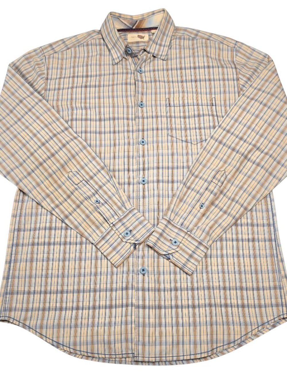 Perry Ellis Plaid Shirt Medium Blue Tan